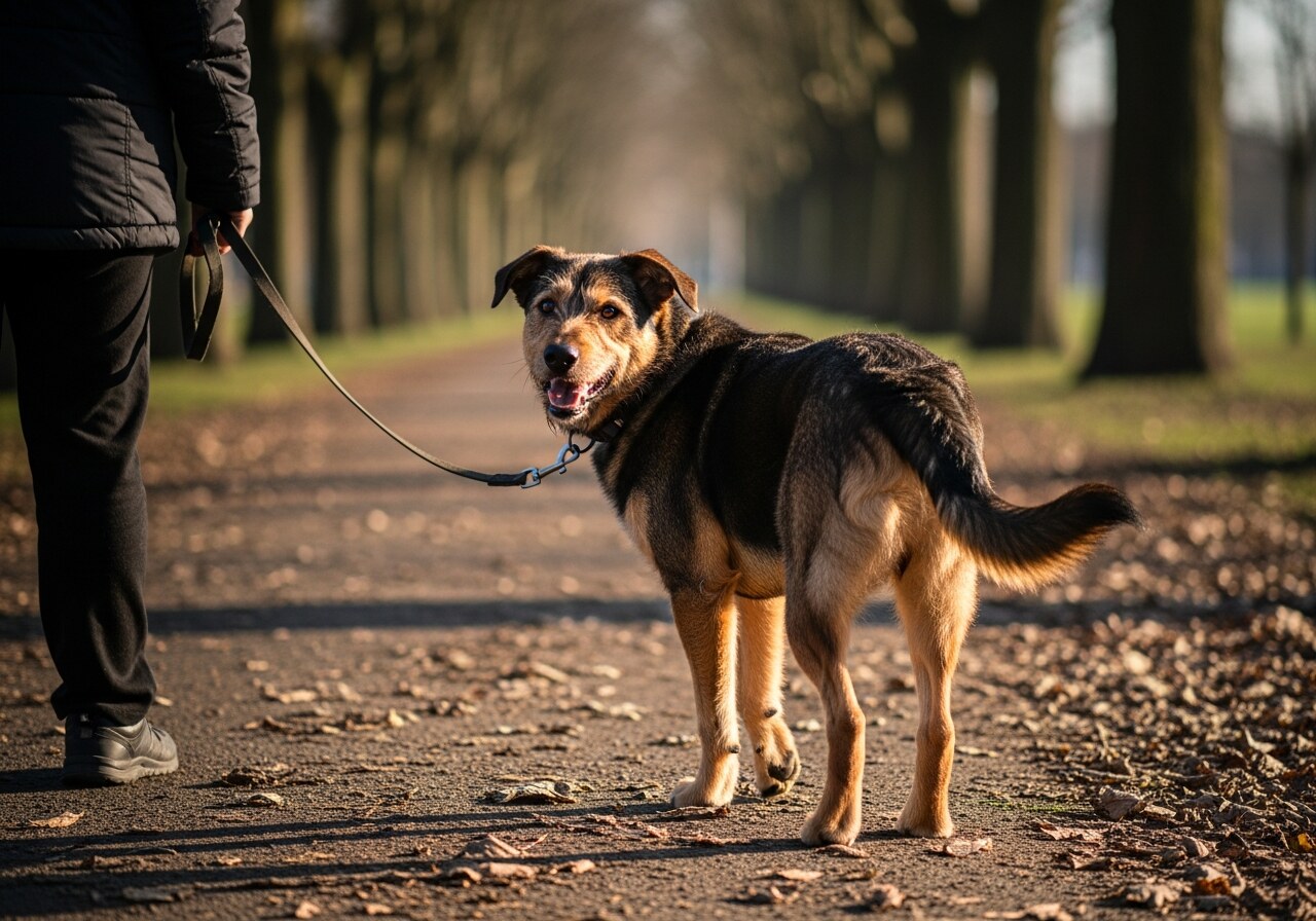 A newly adopted mixed-breed dog walking happily on a lead with its new owner along a tree-lined path