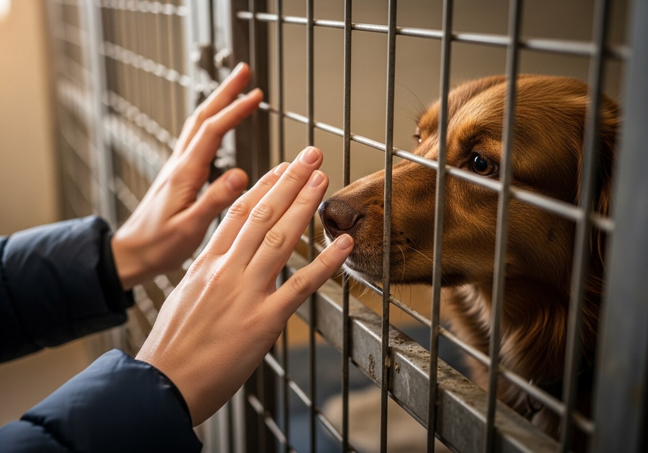 A person's hand resting on a kennel mesh with a hopeful brown rescue dog gently touching its nose to a finger