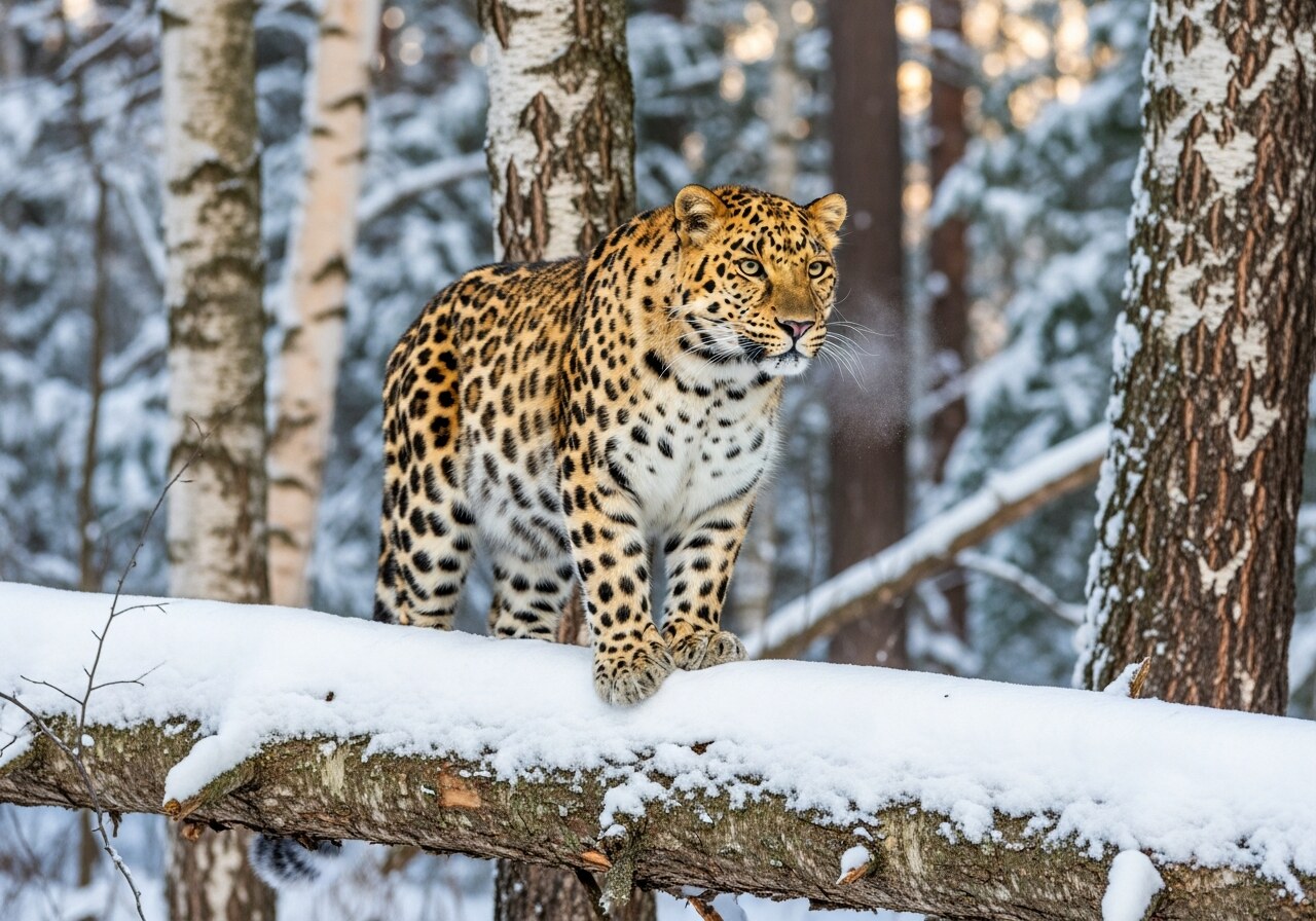 A wild Amur leopard with pale gold fur and widely-spaced rosettes standing on a snow-covered log in a Russian taiga forest