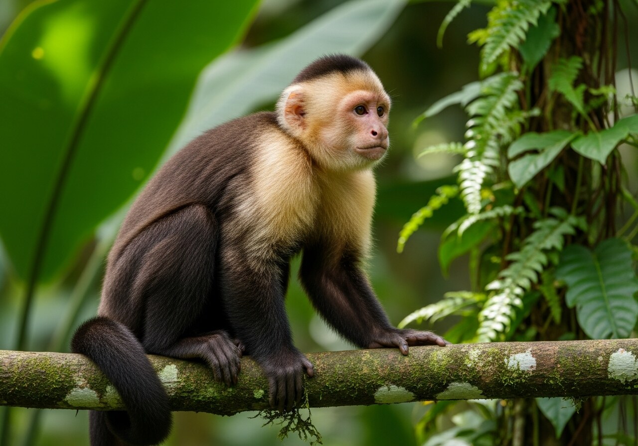 A wild capuchin monkey with a cream-coloured face and dark cap sitting on a mossy branch in the rainforest canopy