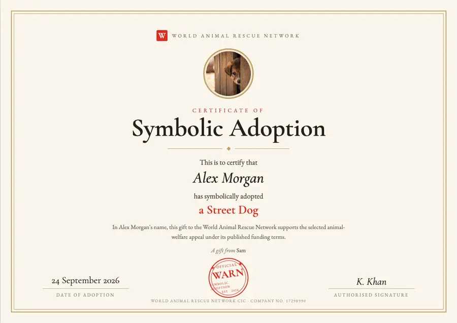Sample dog symbolic adoption certificate made out to Alex Morgan, dated 24 September 2026, marked as a gift from Sam