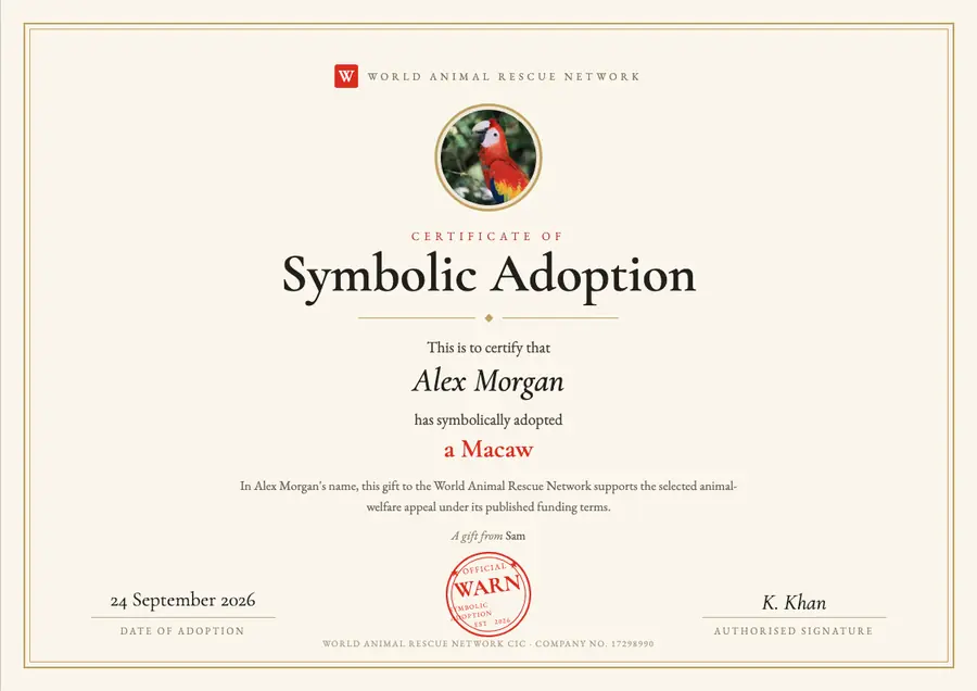 Sample macaw symbolic adoption certificate made out to Alex Morgan, dated 24 September 2026, marked as a gift from Sam