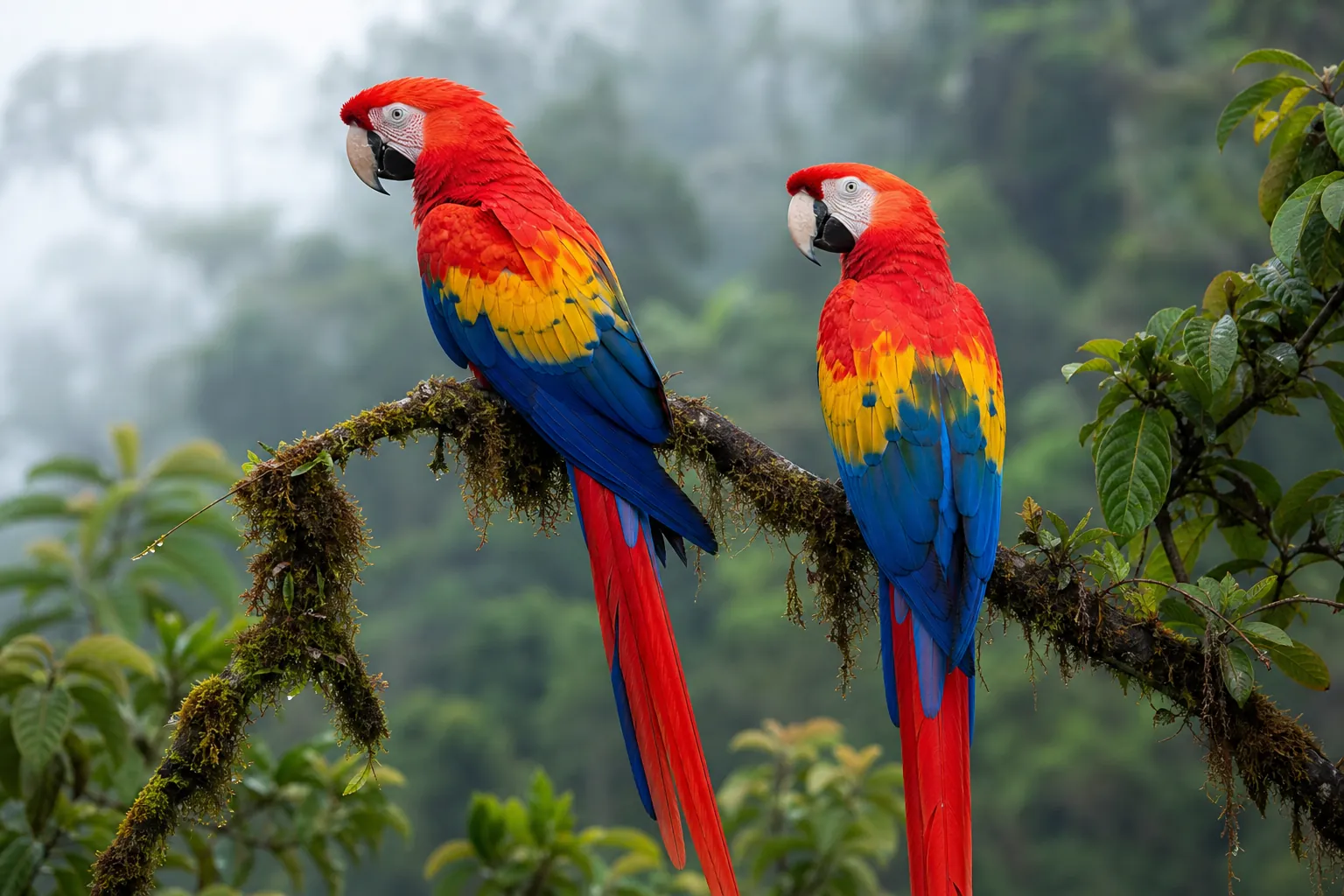 Two wild scarlet macaws with brilliant red, blue and yellow plumage perched on a mossy branch in Colombian Andean cloud forest