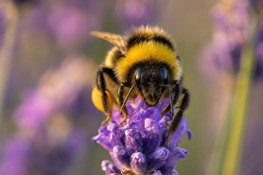 Hairy bee with pollen on its legs foraging on a flower.