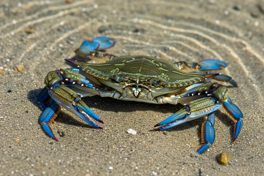 Crab: wide flat body, tiny tucked tail, walks sideways.