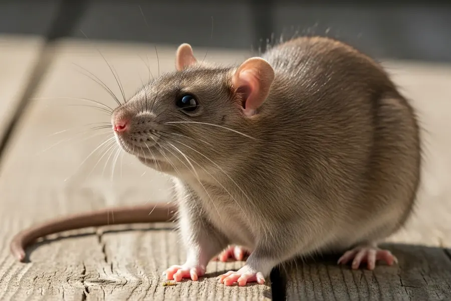 Rat: far larger (140-500 g), blunt head, scaly tail.