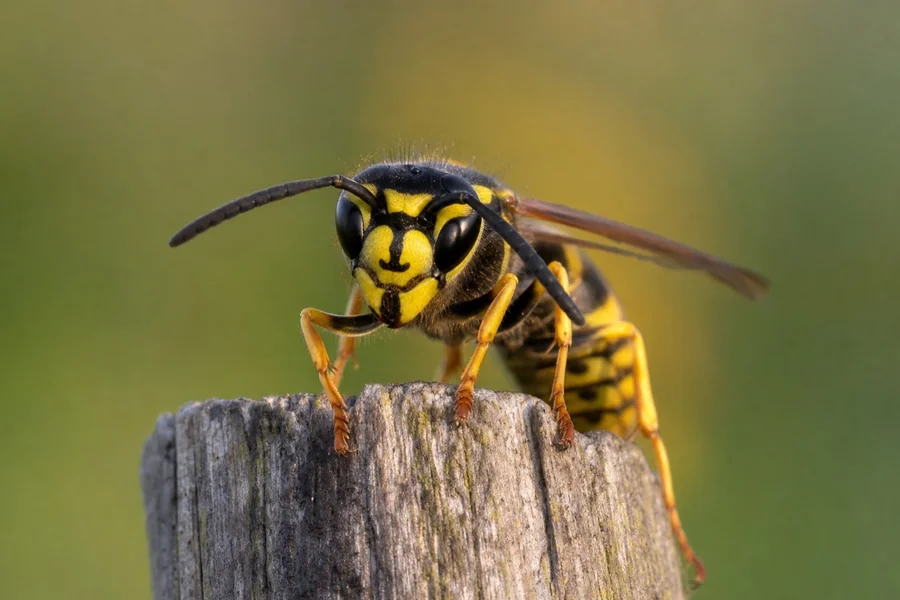 Smooth yellow-and-black wasp with a narrow pinched waist.