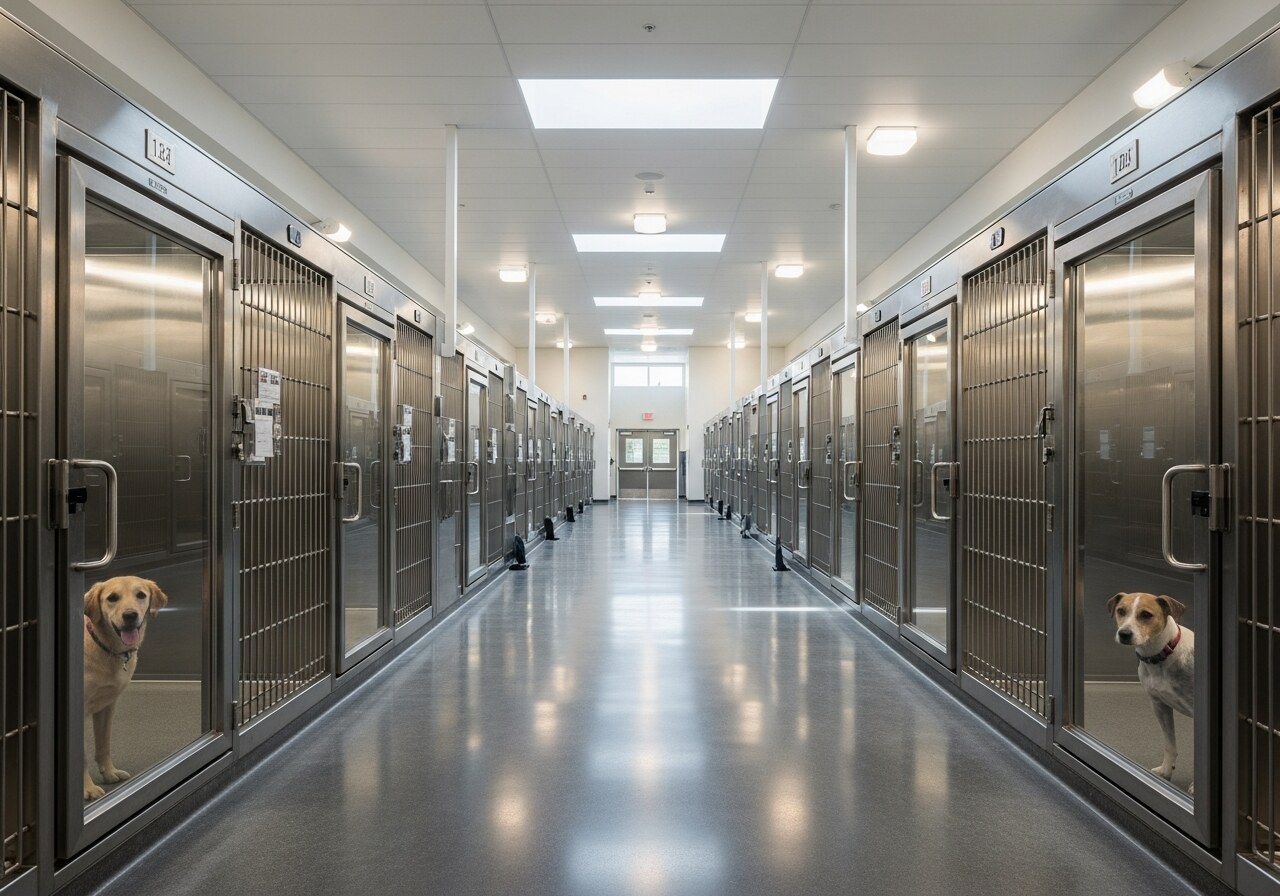 Inside a modern animal shelter — kennels lined up with dogs waiting for adoption