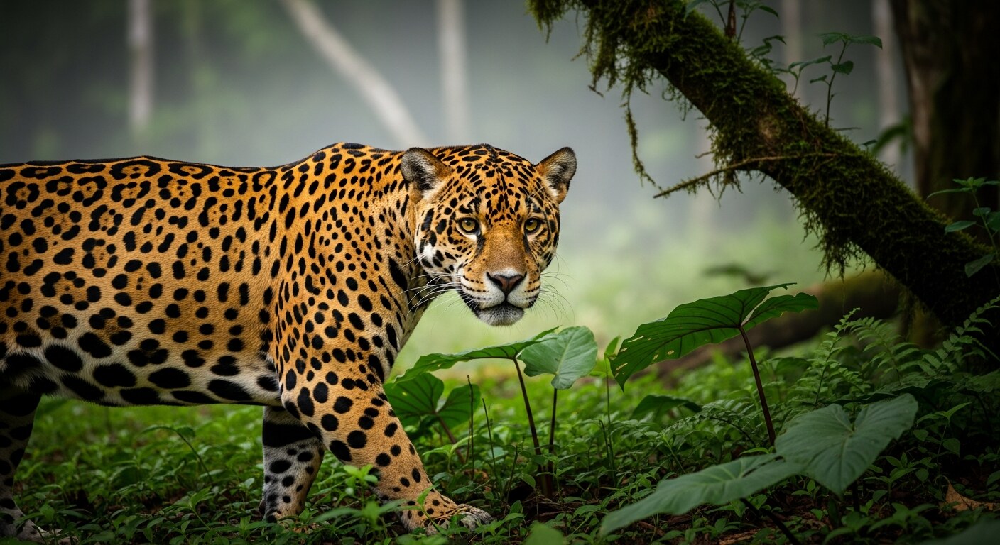 A jaguar walking through Amazon rainforest in dappled light