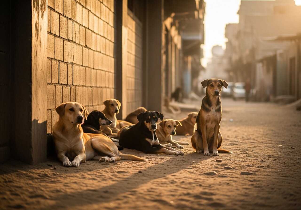 Community street dogs at a Karachi catch-neuter-vaccinate-release clinic recovering after surgery