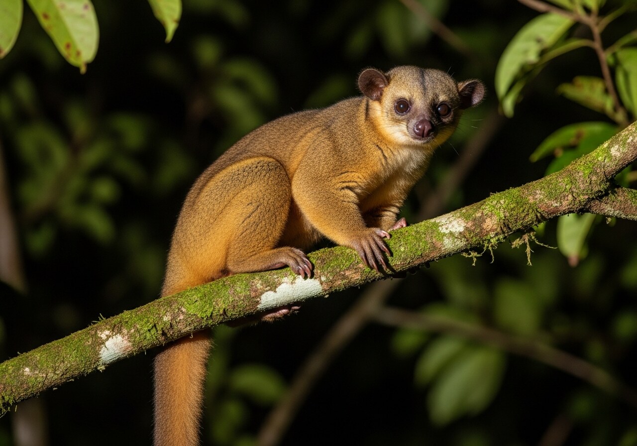 A wild kinkajou perched on a mossy branch in the rainforest at night, golden-brown fur and large dark eyes visible
