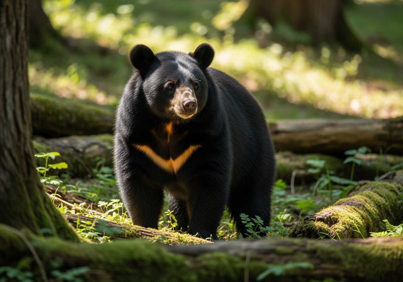 An Asiatic black bear with a distinctive crescent-shaped white chest patch in a forested sanctuary in northern Vietnam