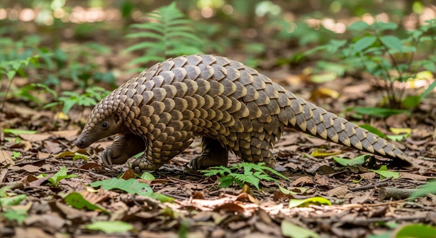 Pangolin curled into a ball on a forest floor