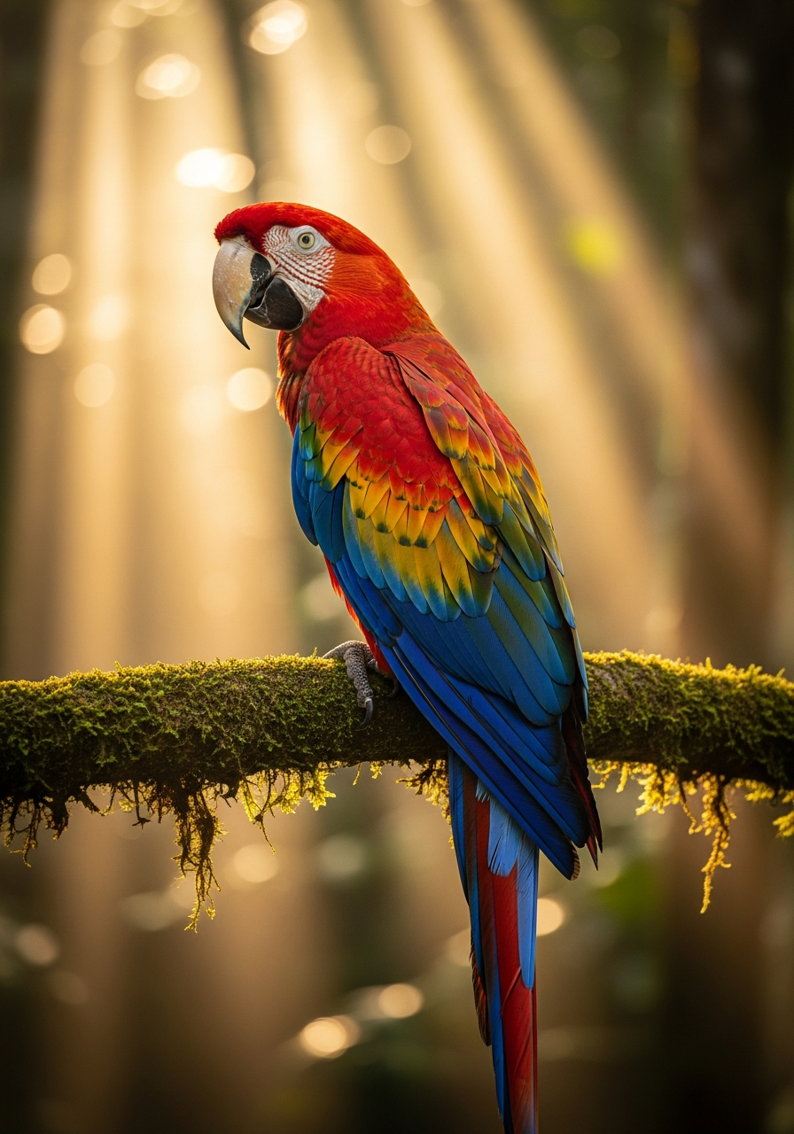 A vibrant scarlet macaw perched in a misty tropical rainforest at dawn