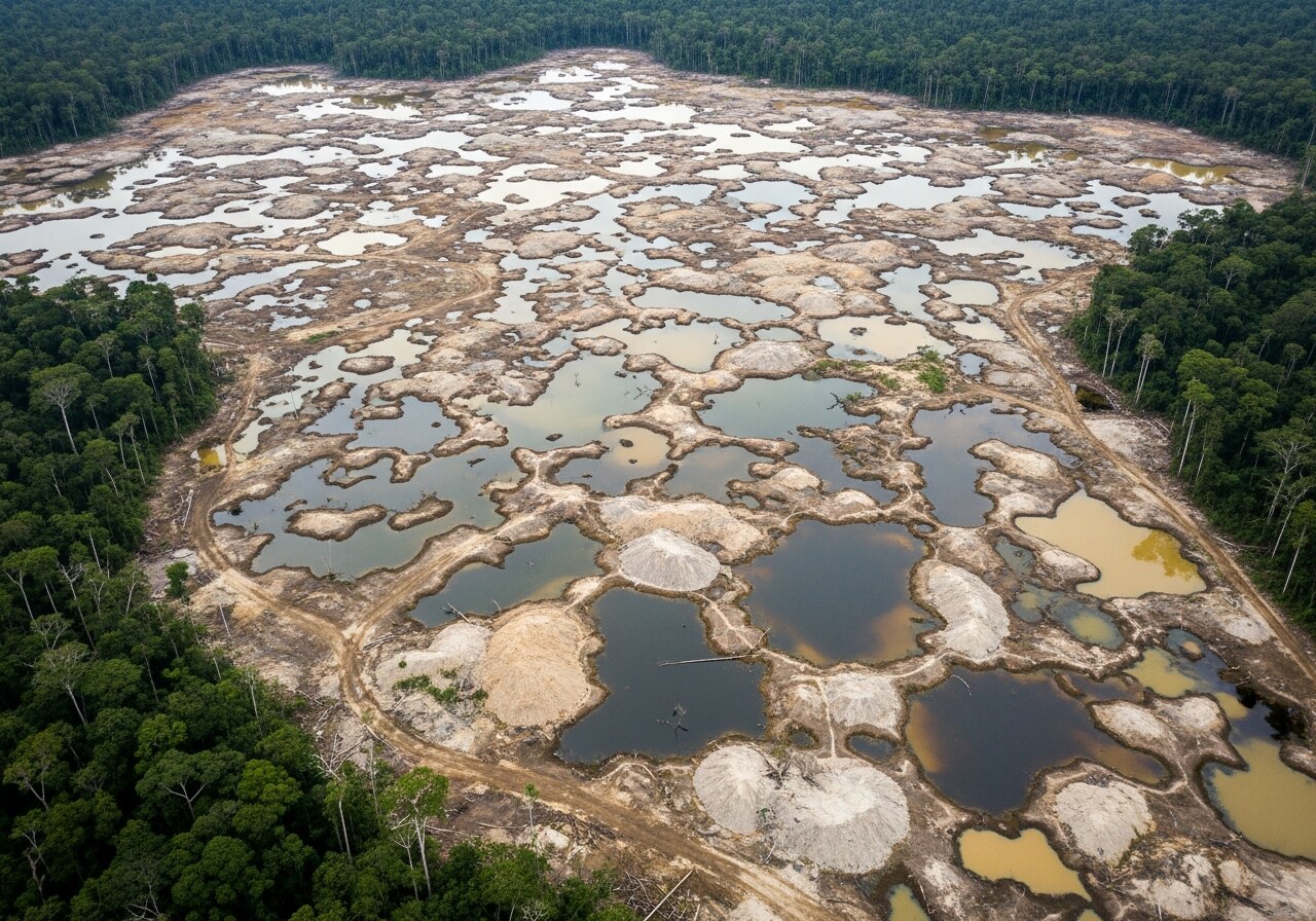 Aerial view of illegal alluvial gold mining cutting clearings into Amazonian rainforest in Madre de Dios, Peru