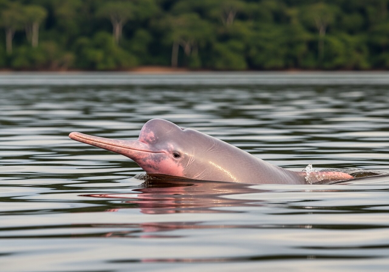 A wild pink river dolphin (boto) surfacing in the dark water of an Amazon river in Colombia or Peru