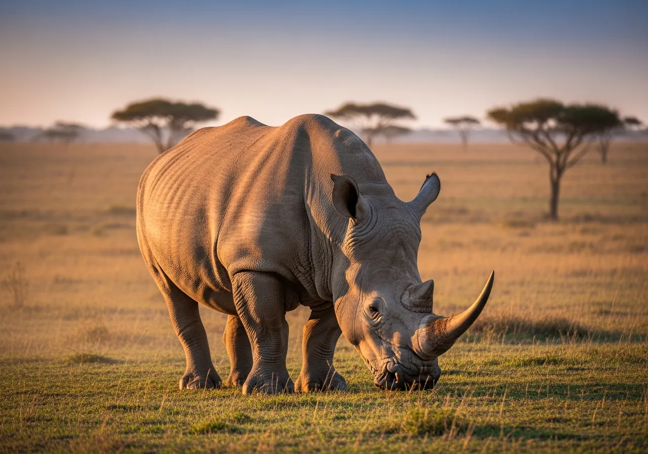 A rhinoceros grazing on grassland