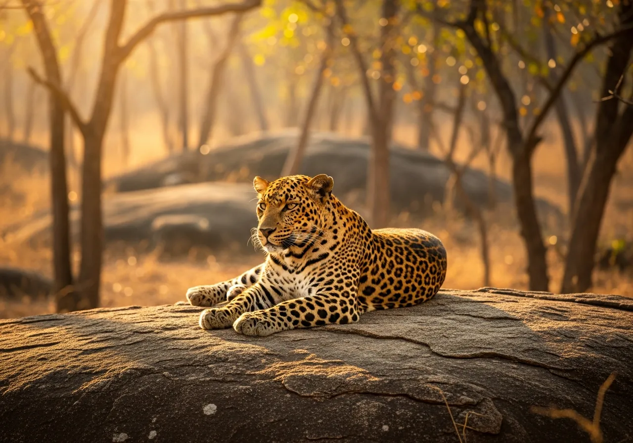 A Sri Lankan leopard resting on a rock in dry-zone forest in Yala National Park, Sri Lanka