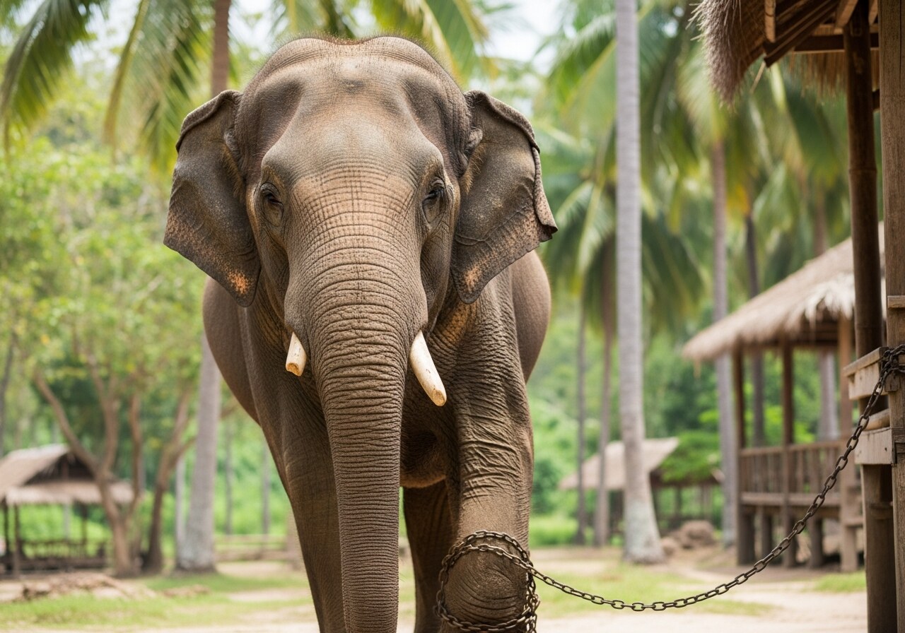 An Asian elephant browsing freely at an ethically-run non-contact sanctuary in northern Thailand