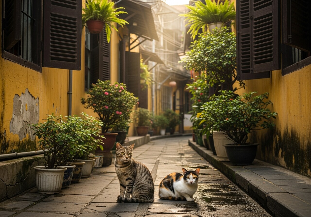 Two stray cats — one grey tabby, one calico — sitting in a narrow Vietnamese street alley with yellow-painted walls