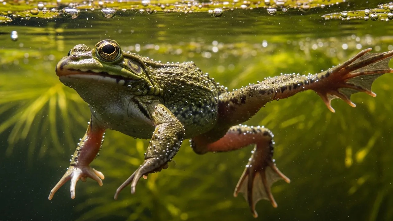 Smooth olive-gray African clawed frog floating in water with limbs splayed out