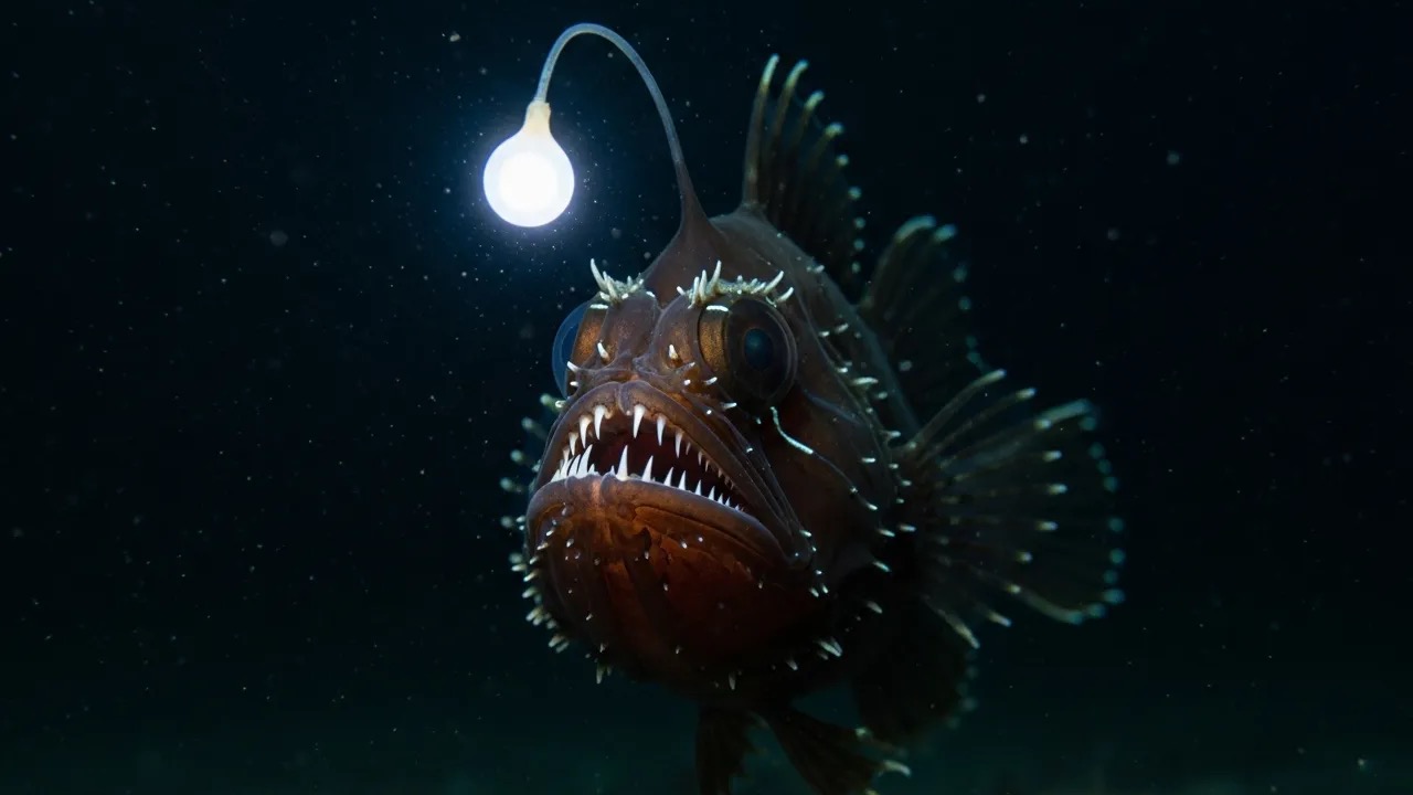 Dark deep-sea anglerfish with a glowing lure and large toothy mouth