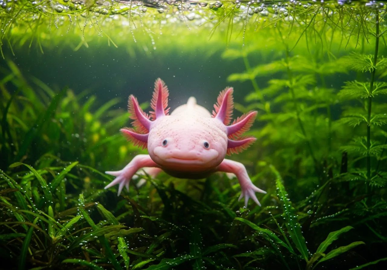 A pale pink axolotl with feathery external gills and a wide, smiling-looking mouth resting on the bed of a planted aquarium