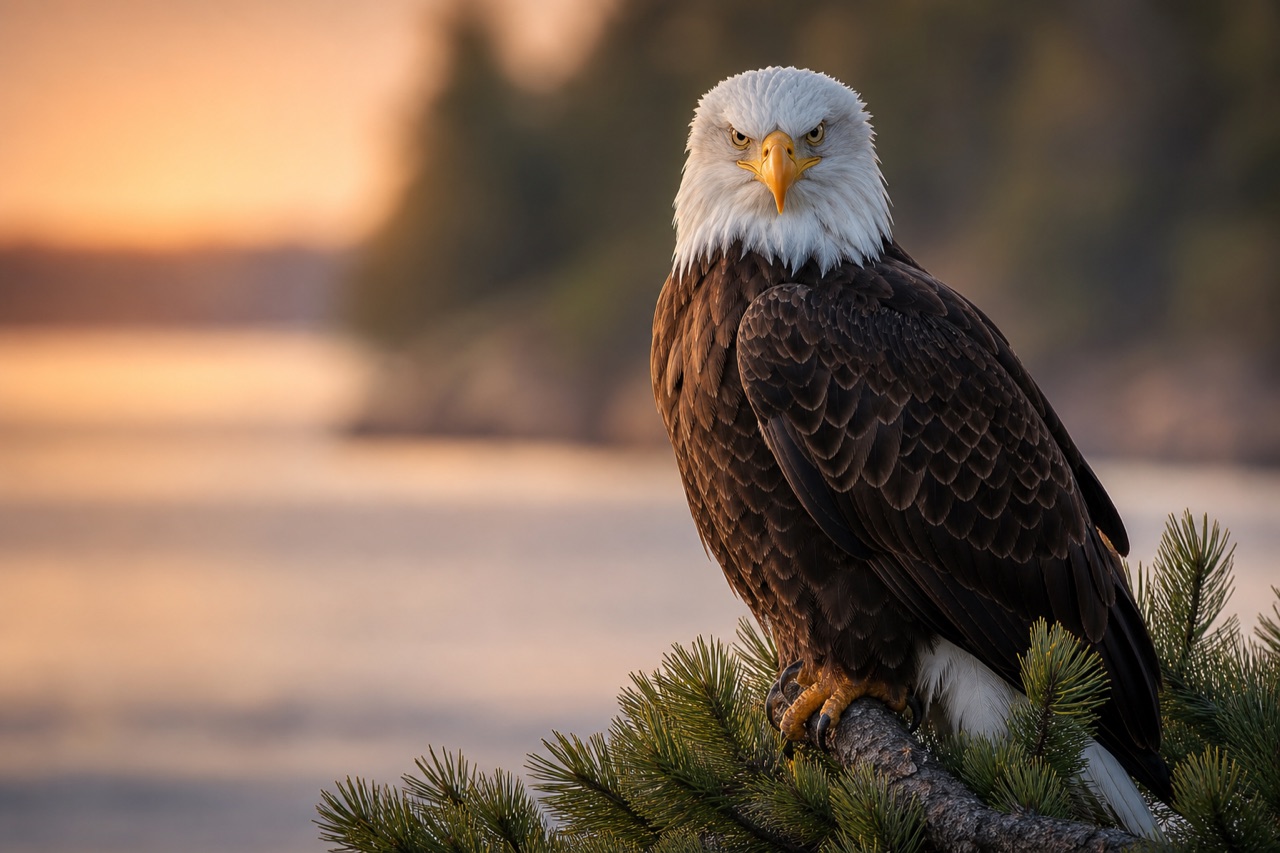 Bald eagle with white head and yellow beak on a pine branch