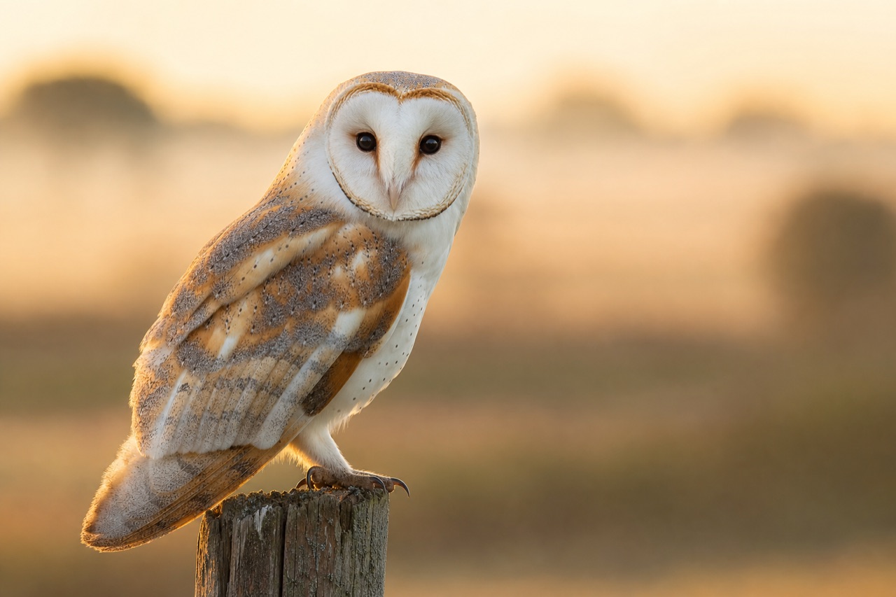 Barn owl with heart-shaped white face perched on a fence post