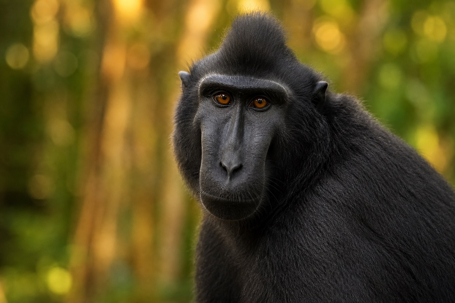 Crested black macaque with all-black fur, short crest and pinkish facial skin in Sulawesi rainforest