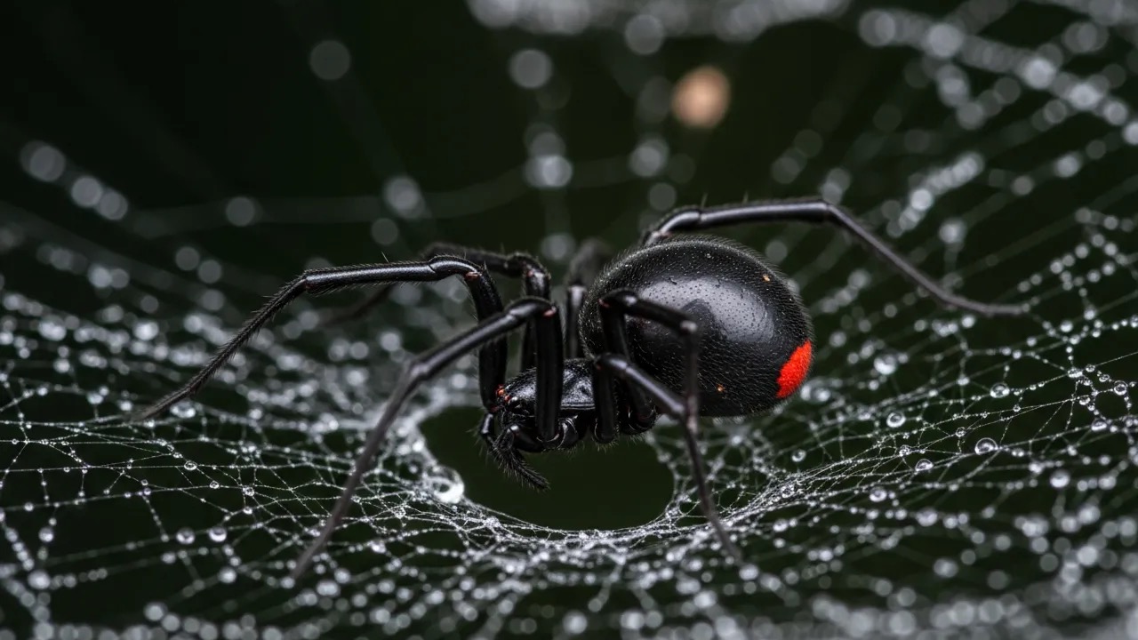 Glossy black widow spider hanging in its web showing the red hourglass marking