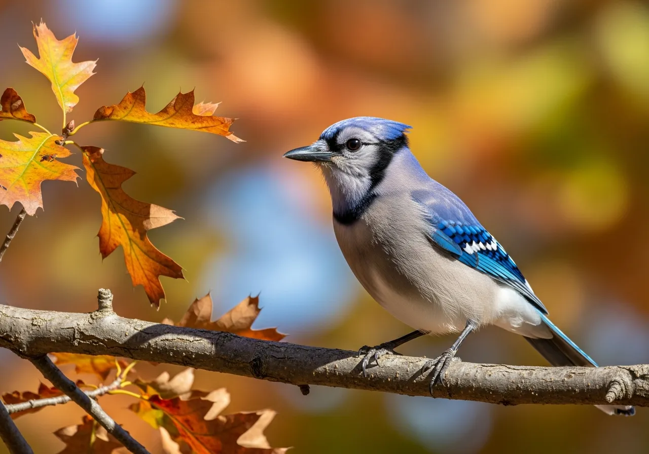 A blue jay perched on a branch, showing its bright blue crest, black necklace marking, and white-and-black barred wings and tail.