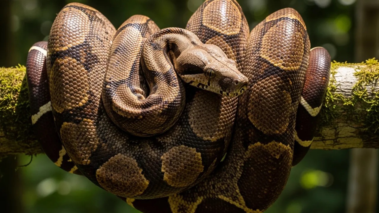 Boa constrictor with brown saddle markings coiled around a tree branch