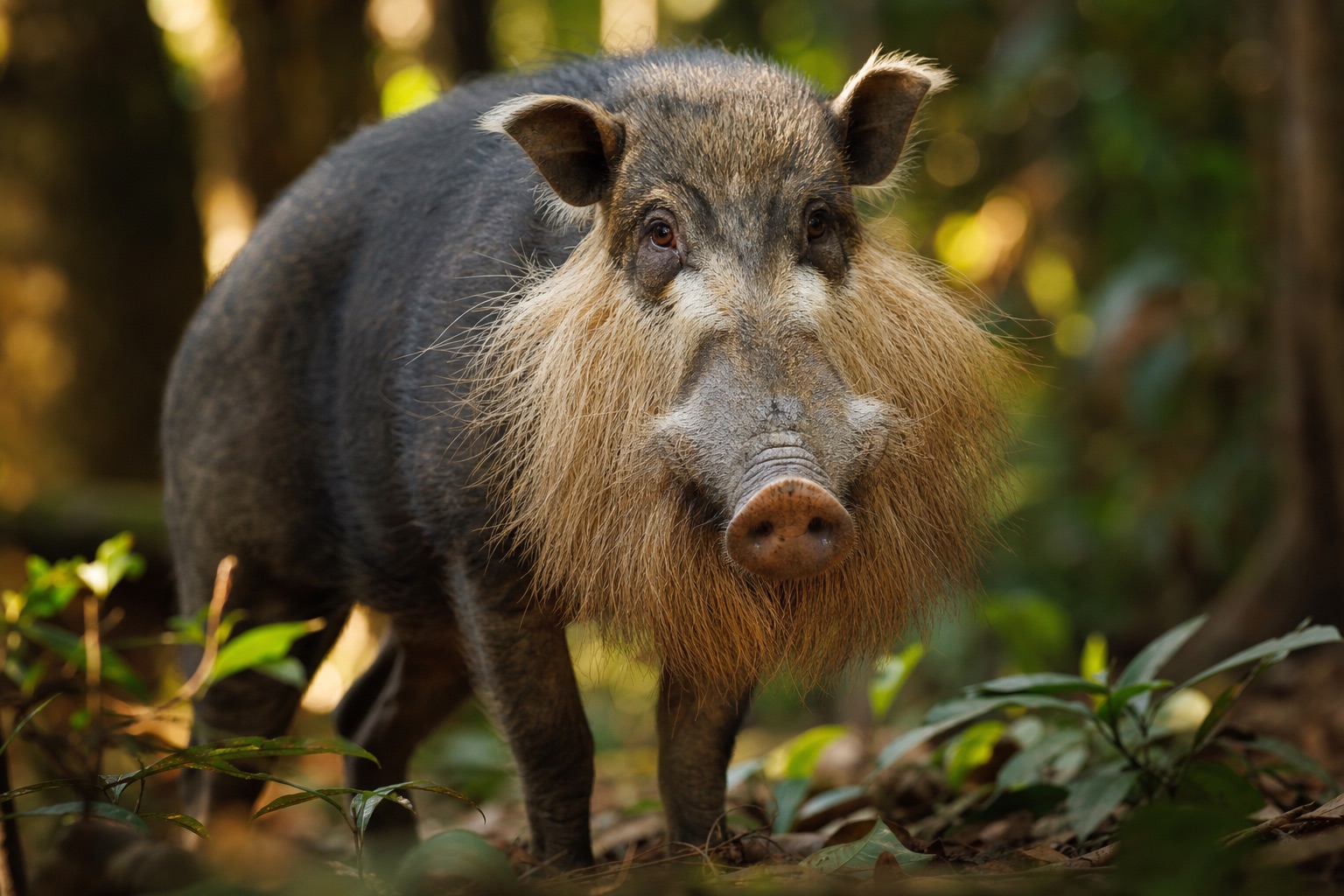 Bornean bearded pig with pale whiskers and dark coat moving through tropical forest understorey