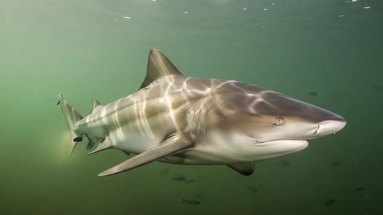 Stocky grey bull shark swimming through murky coastal water near the seabed
