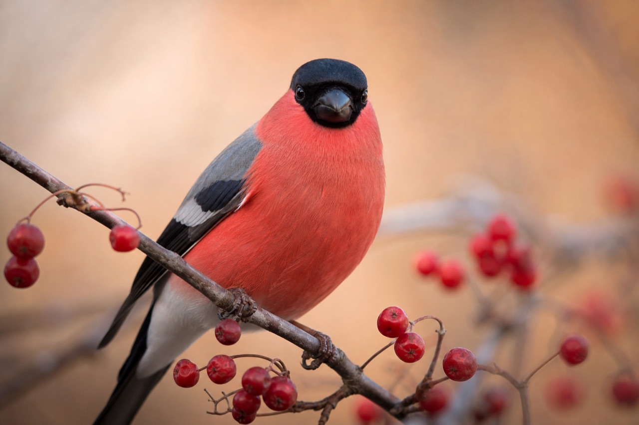 Male bullfinch with rosy-pink breast, black cap and grey back perched in a snowy garden shrub beside frost-covered buds