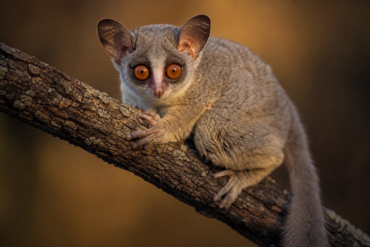 Senegal bushbaby with huge round eyes and large ears perched on a branch in African woodland at night