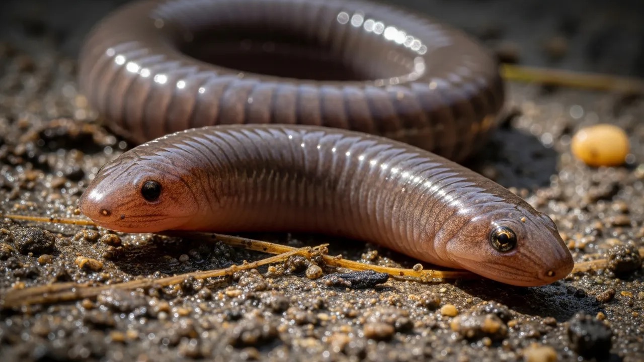 Smooth limbless caecilian resembling a large earthworm crawling across damp soil