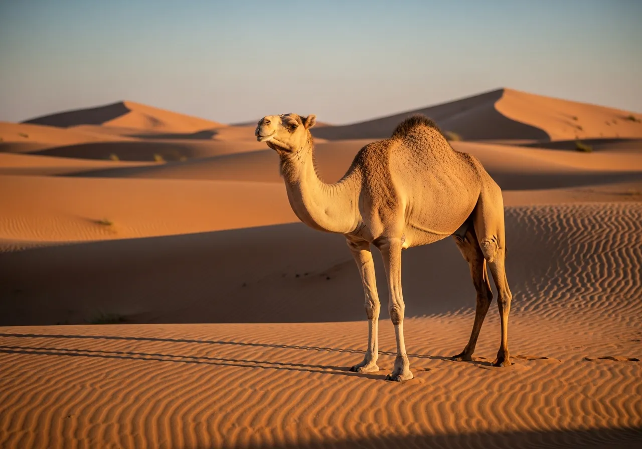 A one-humped dromedary camel standing on golden desert sand under a clear sky, with long eyelashes, a broad padded foot and a single fatty hump on its back.