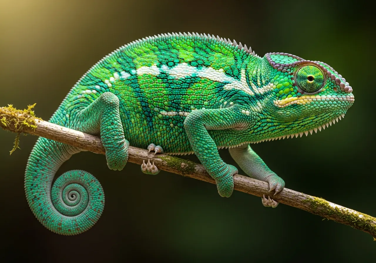 A chameleon gripping a thin branch with opposed, pincer-like feet and a coiled prehensile tail, one turreted eye swivelled toward the camera.