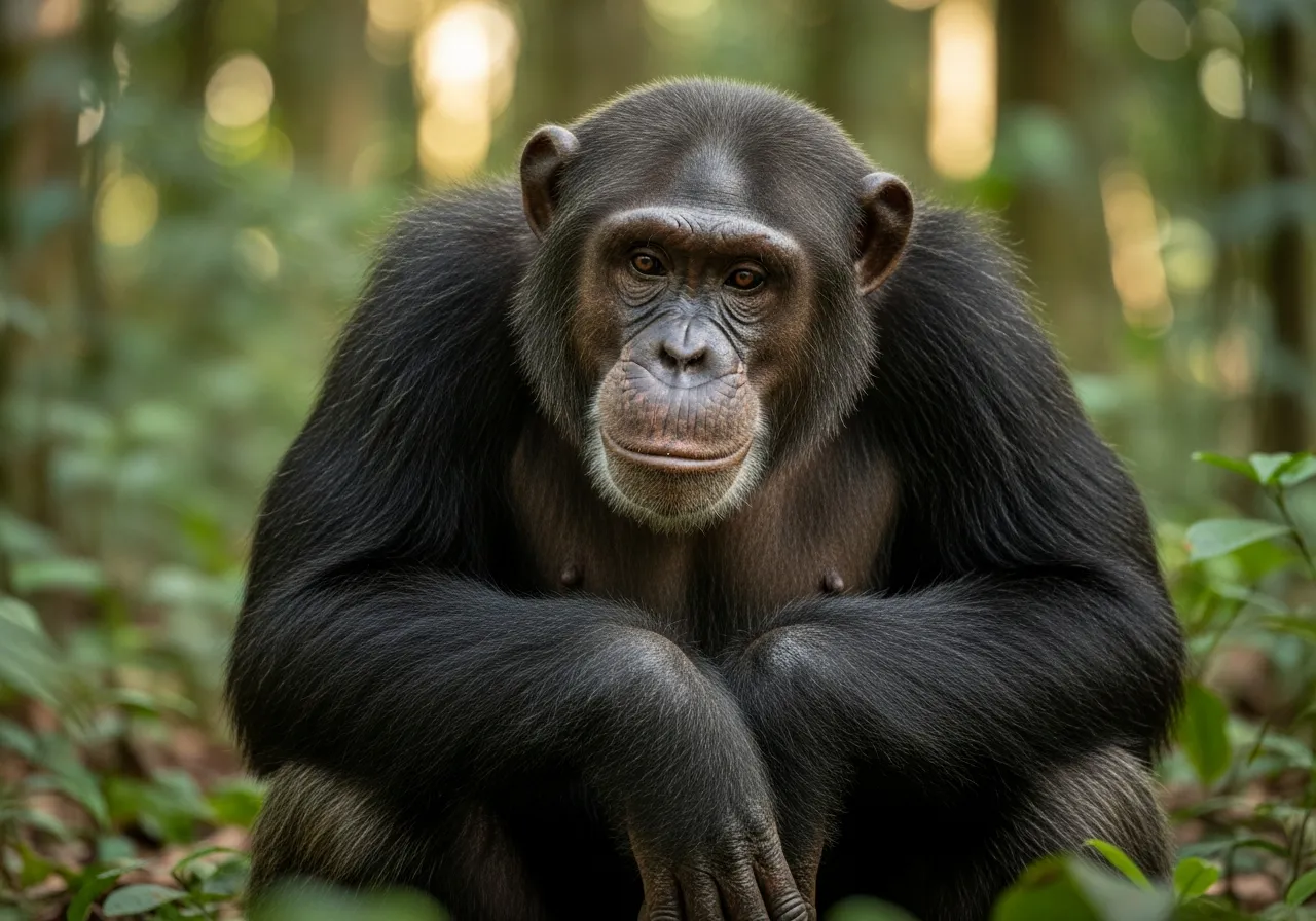 An adult chimpanzee (Pan troglodytes) with dark hair and a bare, expressive face, sitting in dappled forest light and gazing thoughtfully to one side.