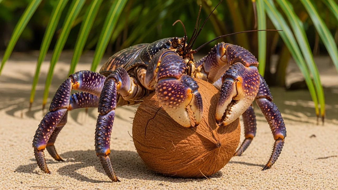 Coconut crab climbing a palm tree trunk at night showing its large orange-brown body and powerful claws