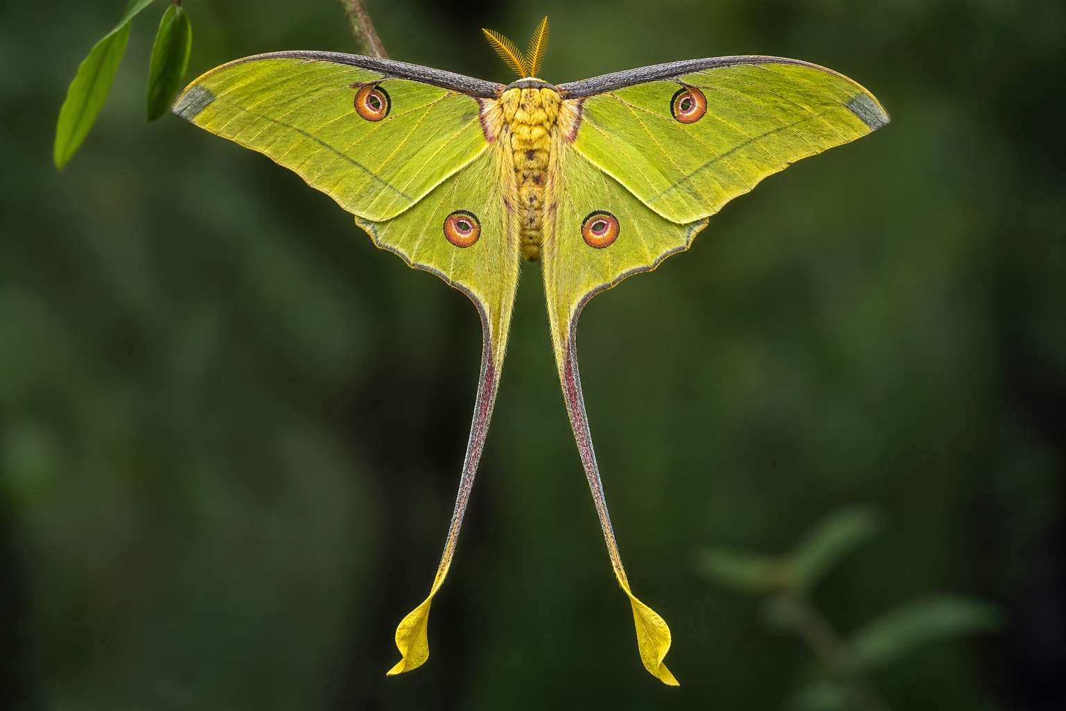 Comet moth with yellow wings and long trailing tails up to 15 cm resting on Madagascar rainforest vegetation