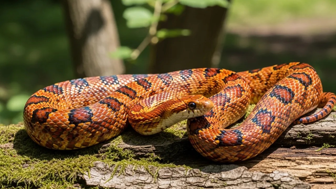 Corn snake with orange and red blotched pattern coiled on a wooden surface