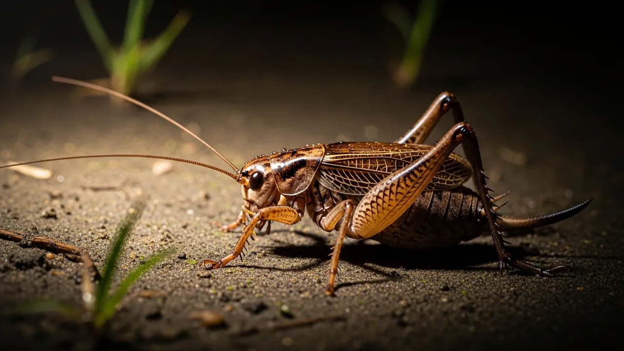 Brown cricket with long antennae and hind legs on the ground