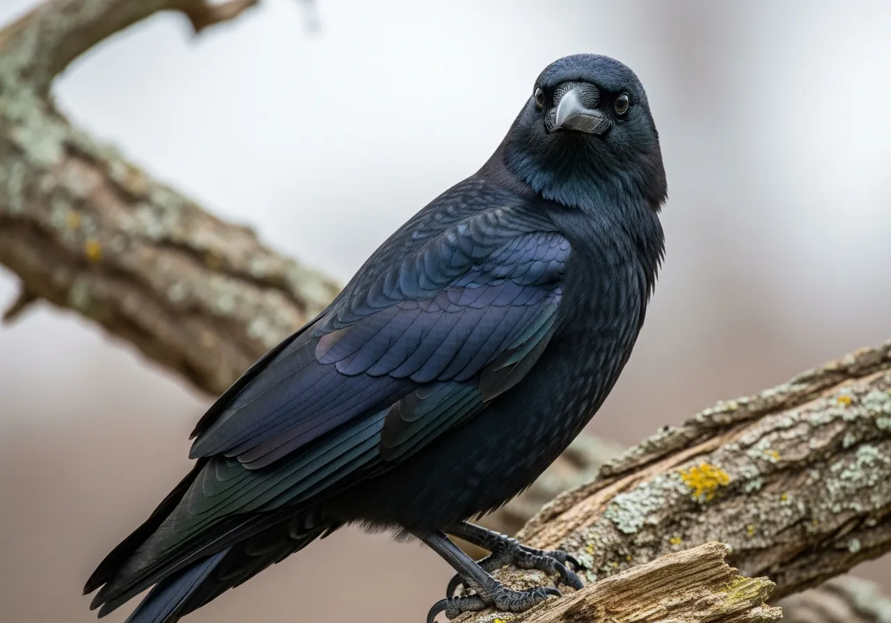 A glossy black crow perched on a bare branch, its strong beak and dark eye catching the light against a soft grey sky.