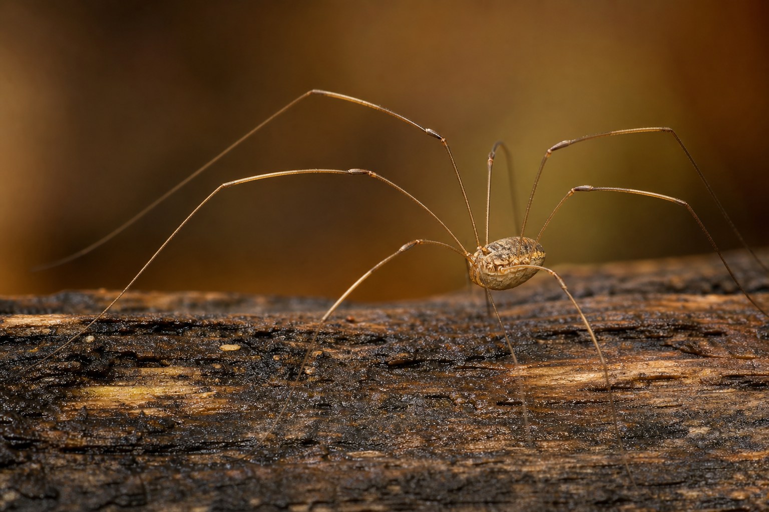 Harvestman daddy longlegs with a tiny oval body and extremely long thin legs on damp forest bark