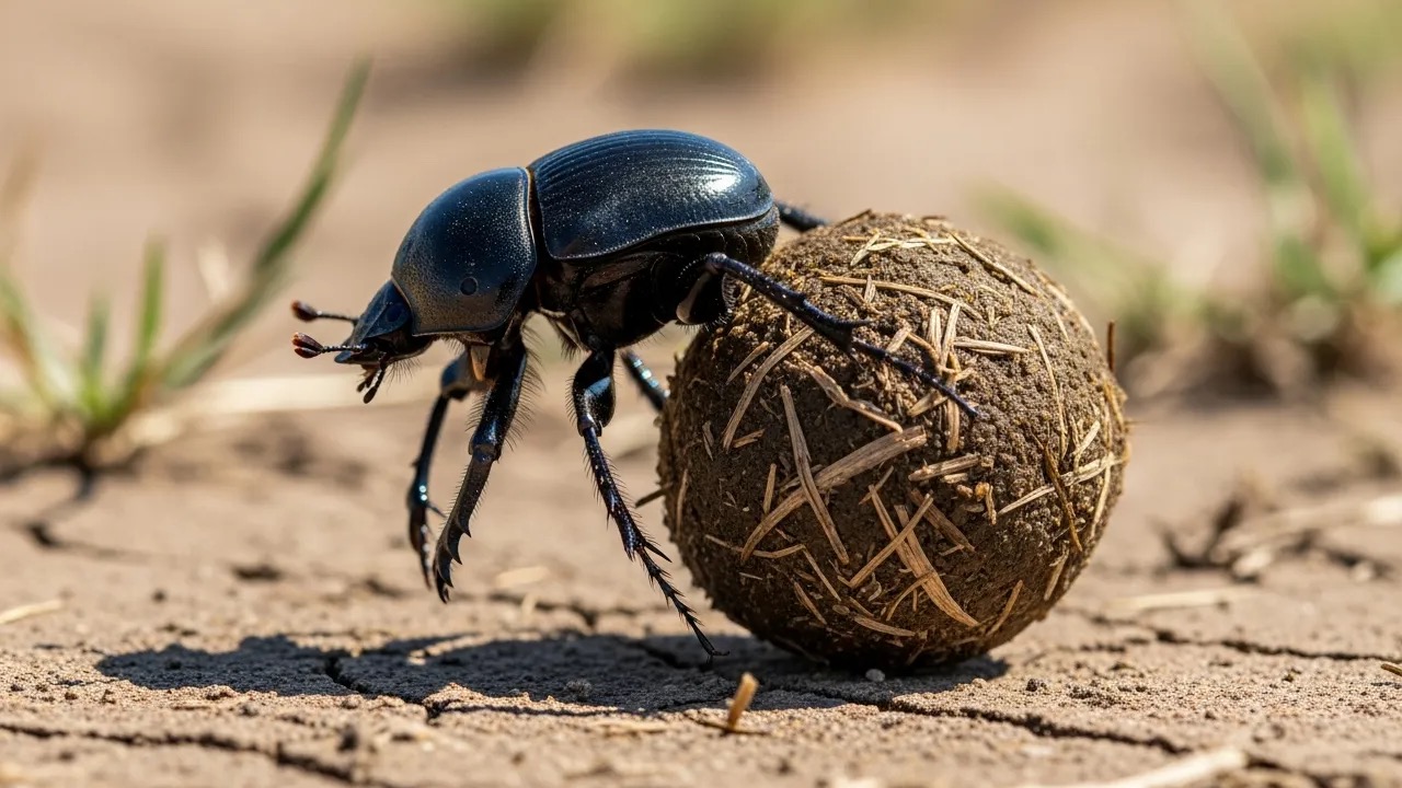 Black dung beetle rolling a ball of dung across the ground