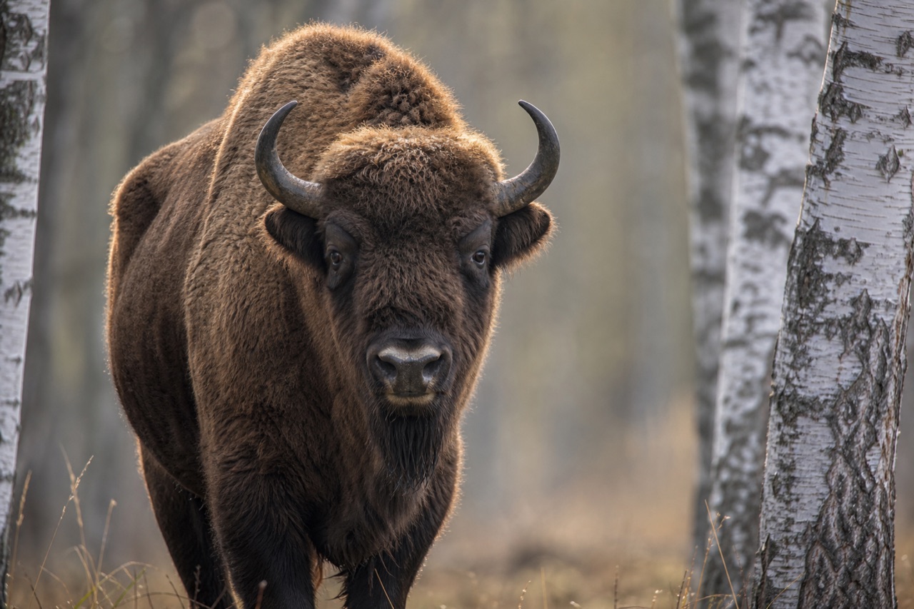 European bison bull with thick dark brown coat and curved horns standing in misty ancient forest clearing