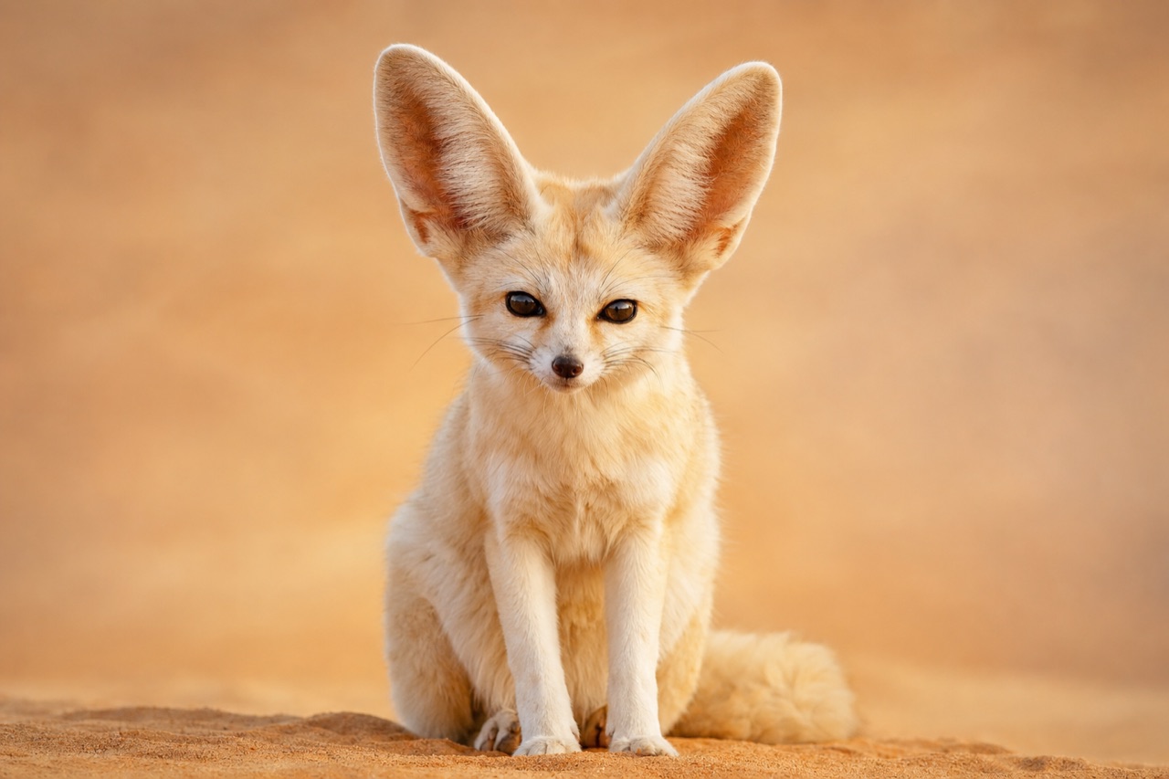 Fennec fox with oversized ears sitting in desert sand